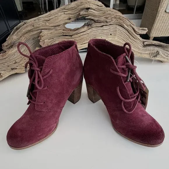 TOMS Lunata Oxblood Suede Booties Block Heel Lace Up Ankle Boots Size 6 - Picture 7 of 9
